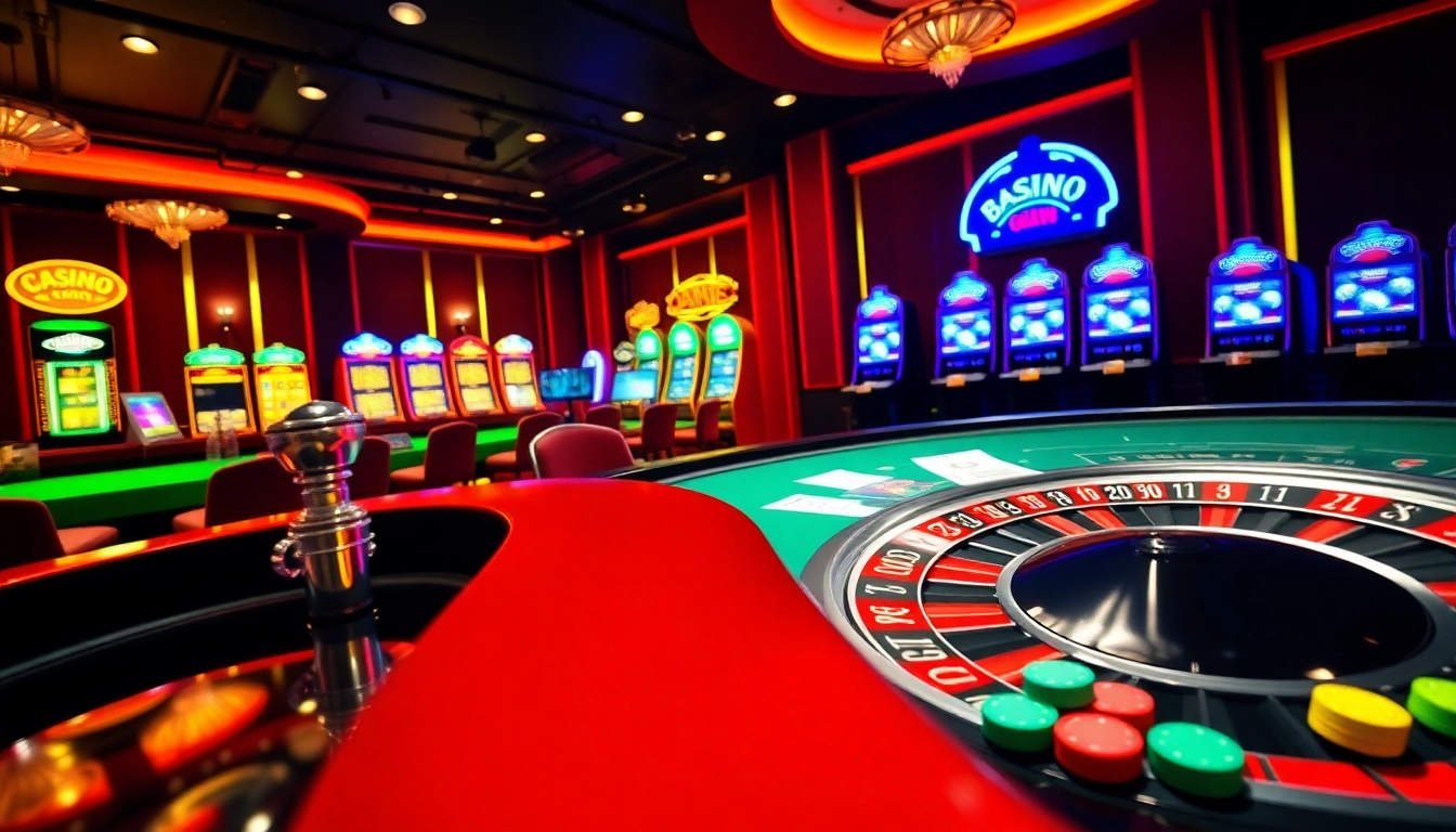 Vivez des moments palpitants dans un casino en ligne avec des jetons de poker et une table de roulette.