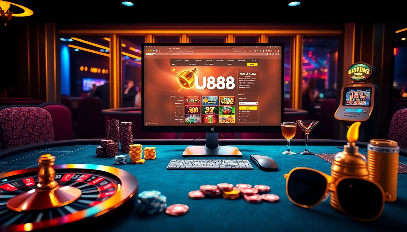 Experience the thrills of online gambling with the U888 page featuring a vibrant casino scene.