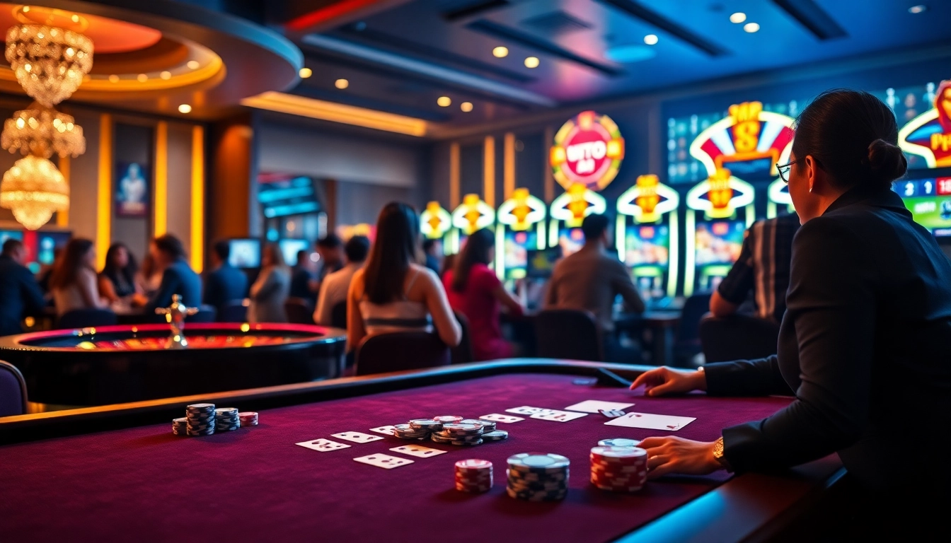 Players enjoying the thrilling atmosphere of f168 com, with vibrant casino elements like poker chips and slot machines.