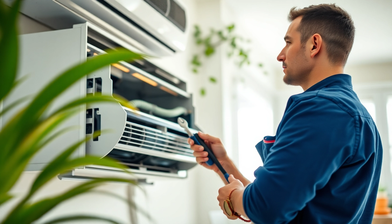Expert technician conducting HVAC Repair Tampa on an air conditioning unit in a well-lit home.
