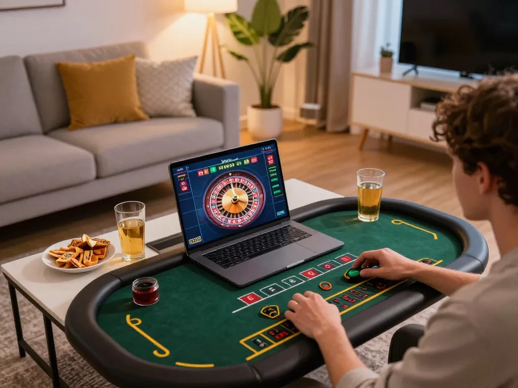Luck8 player enjoying a live dealer game at home on a laptop, showcasing a cozy gaming experience