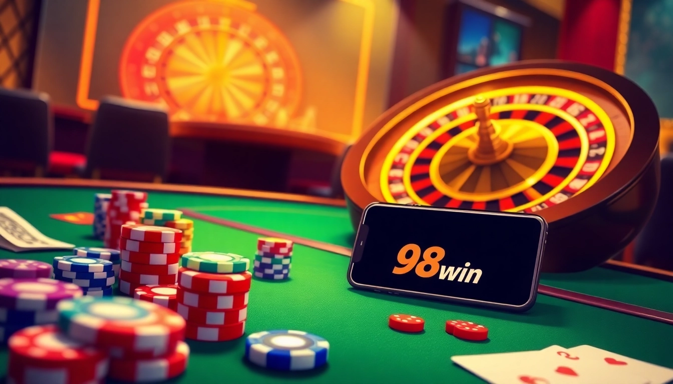 Experience thrilling poker gameplay at 98win, showcasing vibrant chips and exciting action.