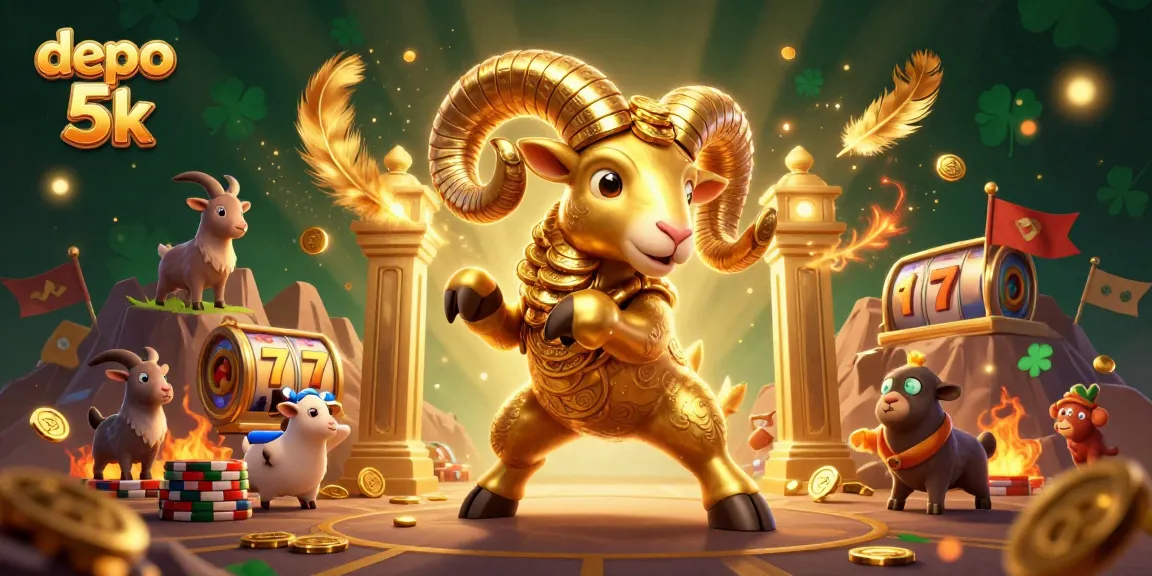 Play the exciting depo 5k slots with a dynamic scene featuring a golden ram and jackpot elements.