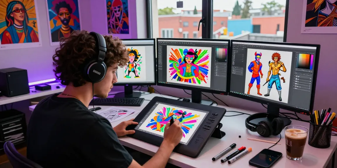 NSFW AI digital artist creating provocative illustrations in vibrant studio.