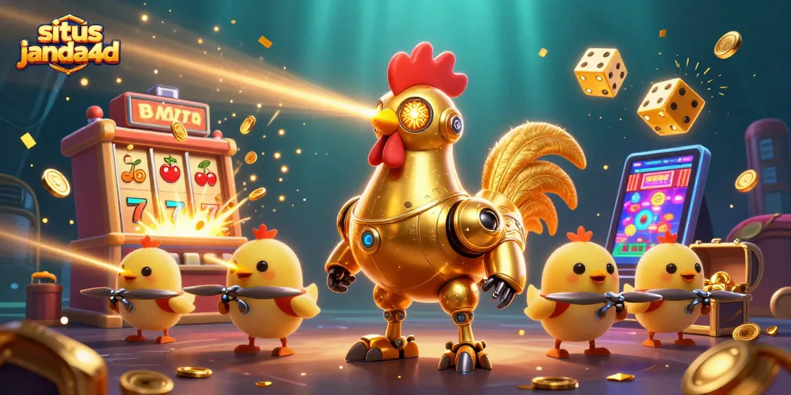 Menghadirkan situs janda4d, ilustrasi 3D kartun dengan robot ayam keemasan dan drone anak-anak yang dinamis, dikelilingi elemen slot.