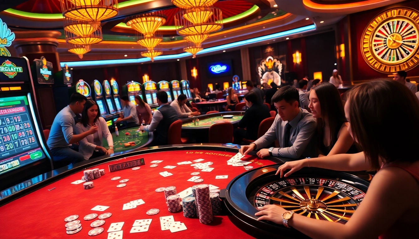 Gamblers enjoying a thrilling experience at RR88, featuring casino tables, chips, and vibrant slot machines.