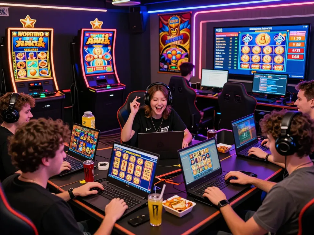 Grup yang menarik bermain game situs slot online dengan lampu neon cerah dan layar kemenangan.