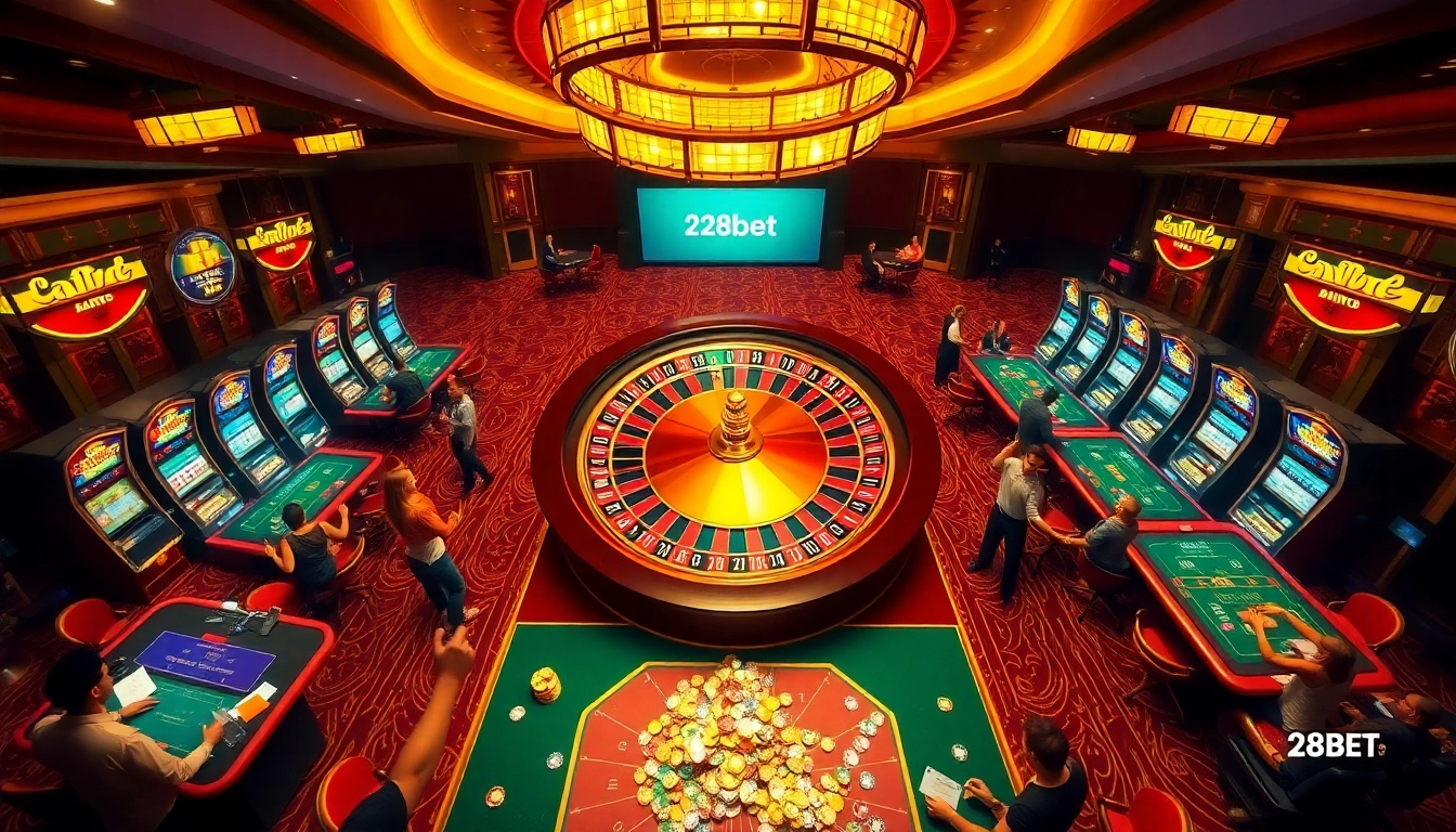 Excited gamblers placing bets at a luxurious casino with 28bet branding visible.