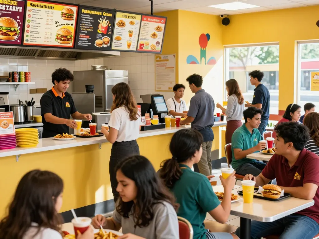 Fast food menu displayed at a lively restaurant with families enjoying meals.
