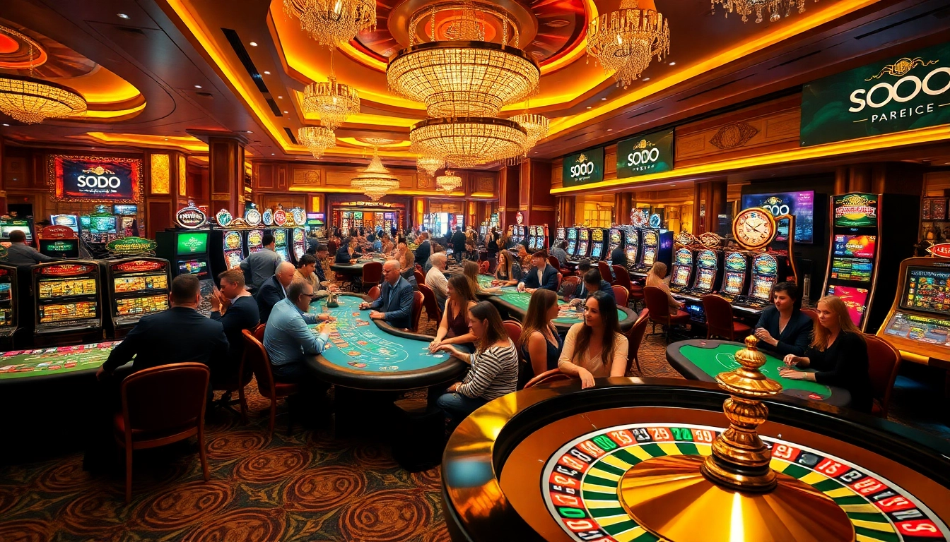 Players enjoying a vibrant gaming experience at SODO66 casino with exciting tables and slot machines.