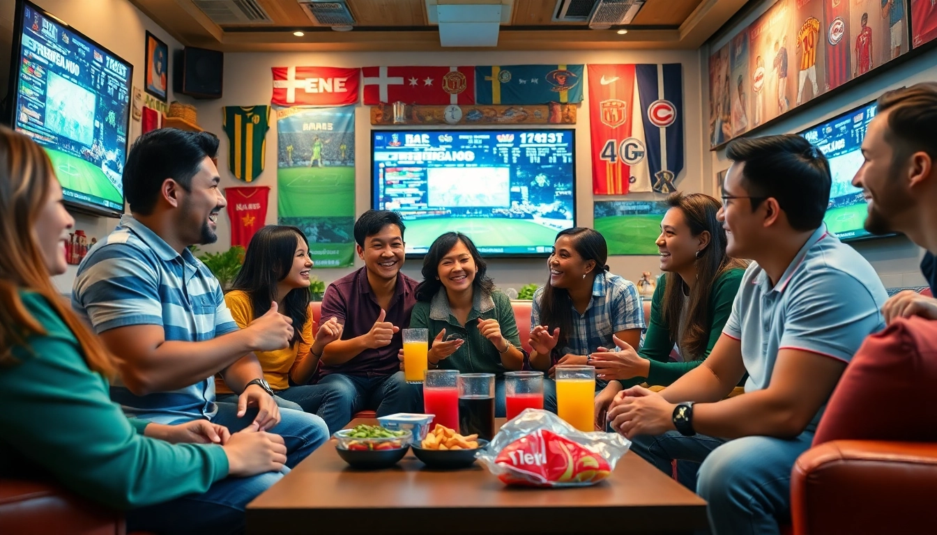 Excited fans enjoying high-quality sports broadcasts at 토토스토리 community event.