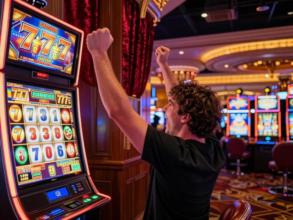 Player celebrating a big win on slot gacor 777 machine in vibrant casino environment.