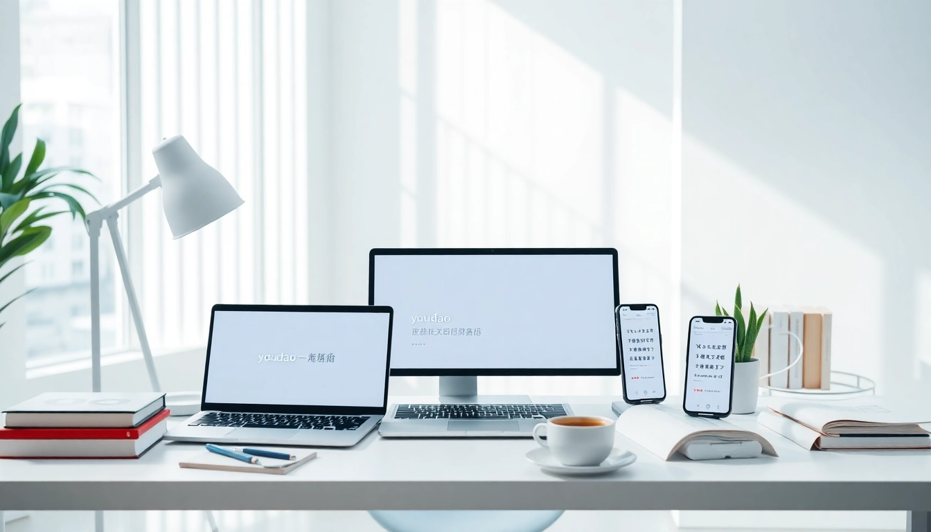 youdao翻译 tool in a modern workspace with devices and language books