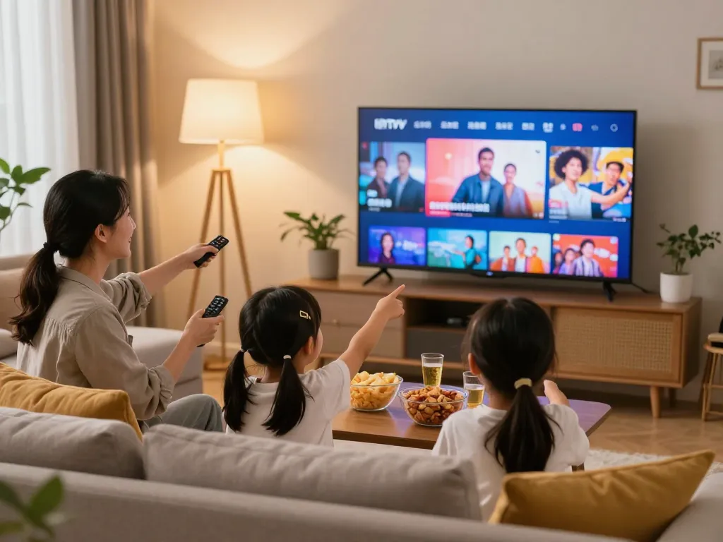Gezinnen genieten samen van IPTV TV in een gezellige woonkameromgeving, met de nadruk op interactieve entertainment.