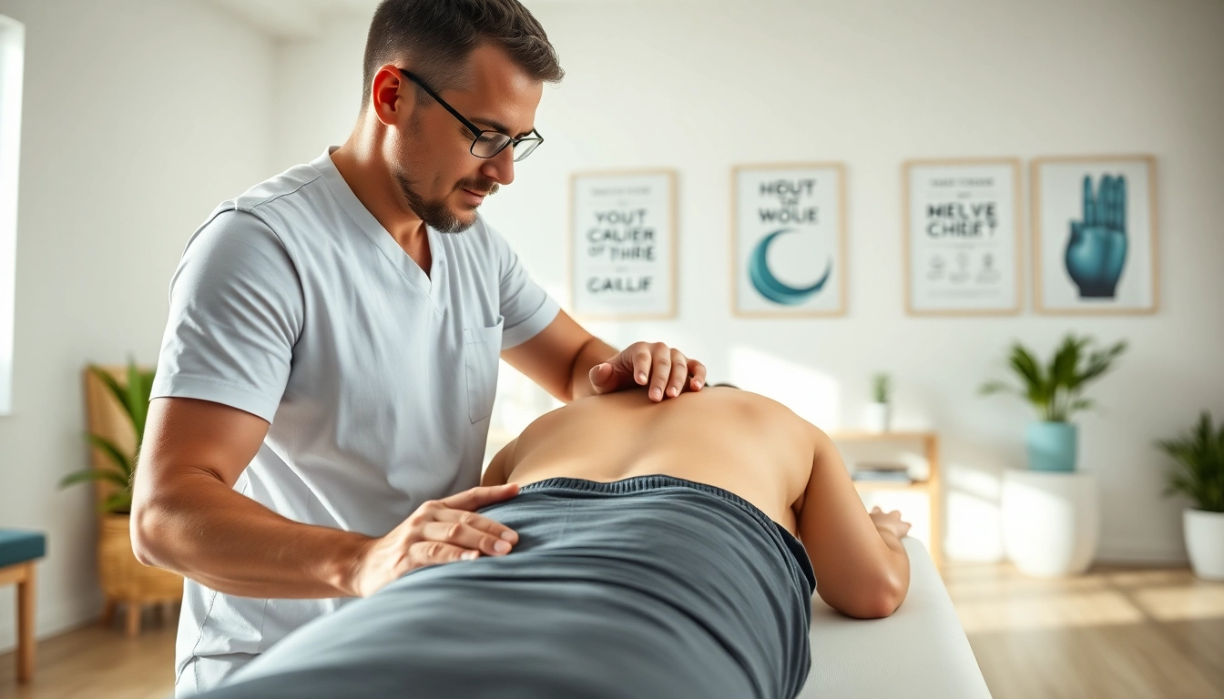 Hands-on back pain treatment session with a physiotherapist and patient in a bright clinic.