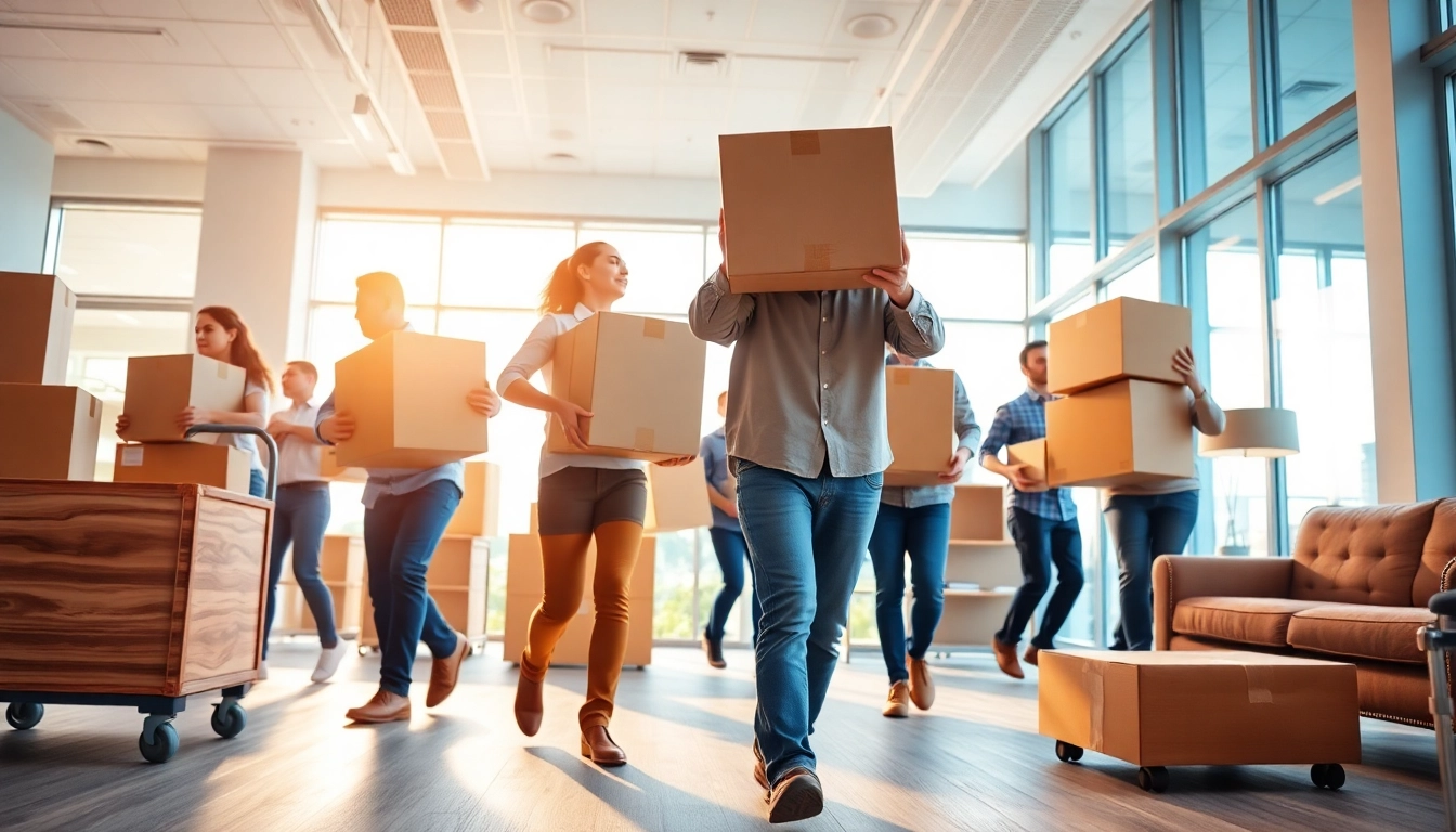 Commercial Movers carefully relocating office supplies in a bright, modern office space.