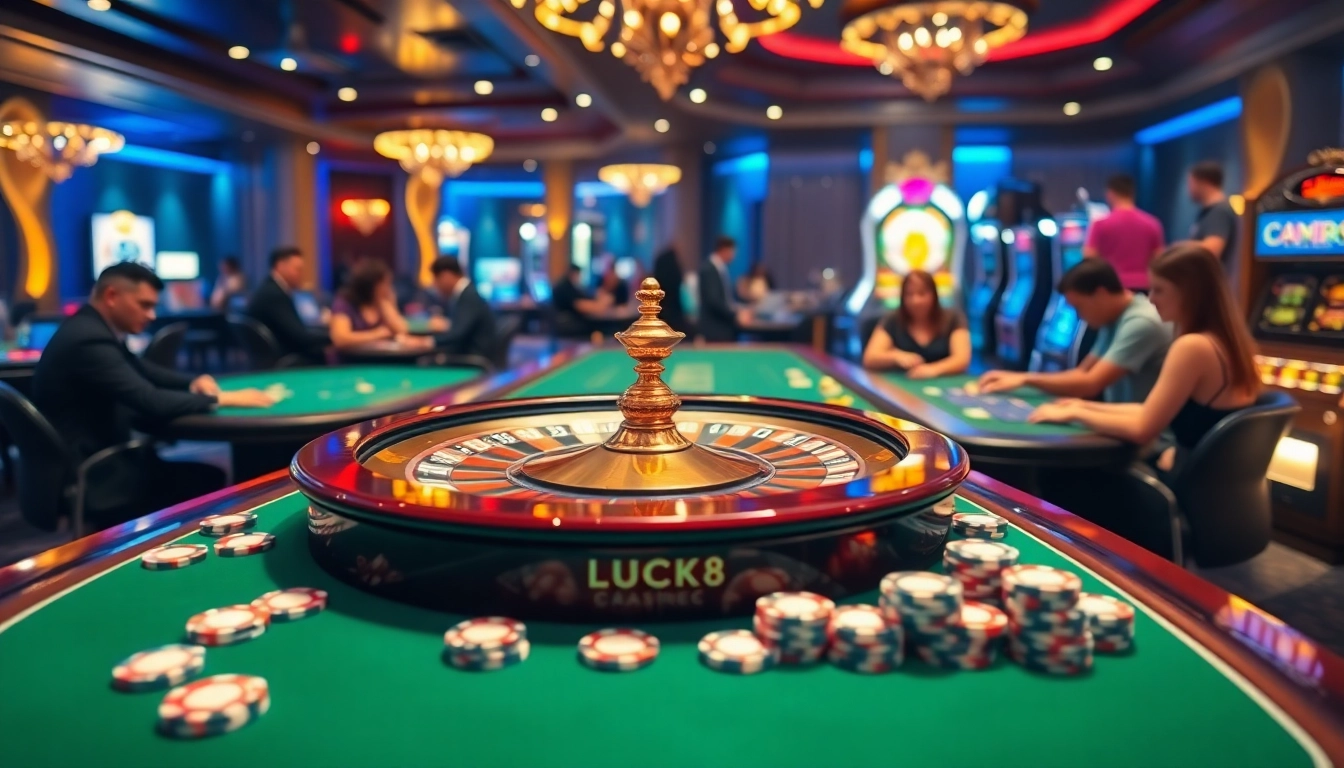LUCK8 casino scene featuring players at tables and a vibrant roulette wheel