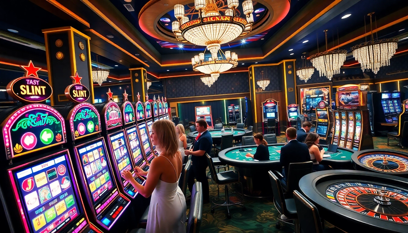 Exciting players enjoying SLOT machines in a luxurious casino environment.