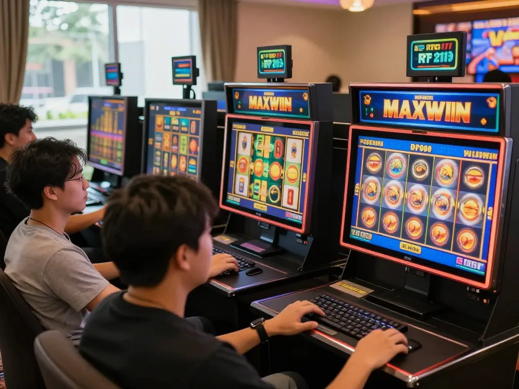 Players enjoying slot gacor games online with vibrant screens showing spinning reels and maxwin opportunities.