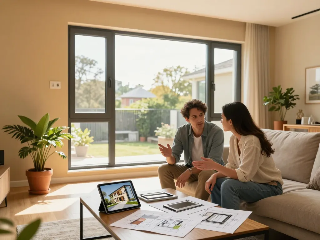 Paar diskutiert fenster schüco Fensteroptionen in einem modernen Wohnzimmer mit natürlichem Licht.