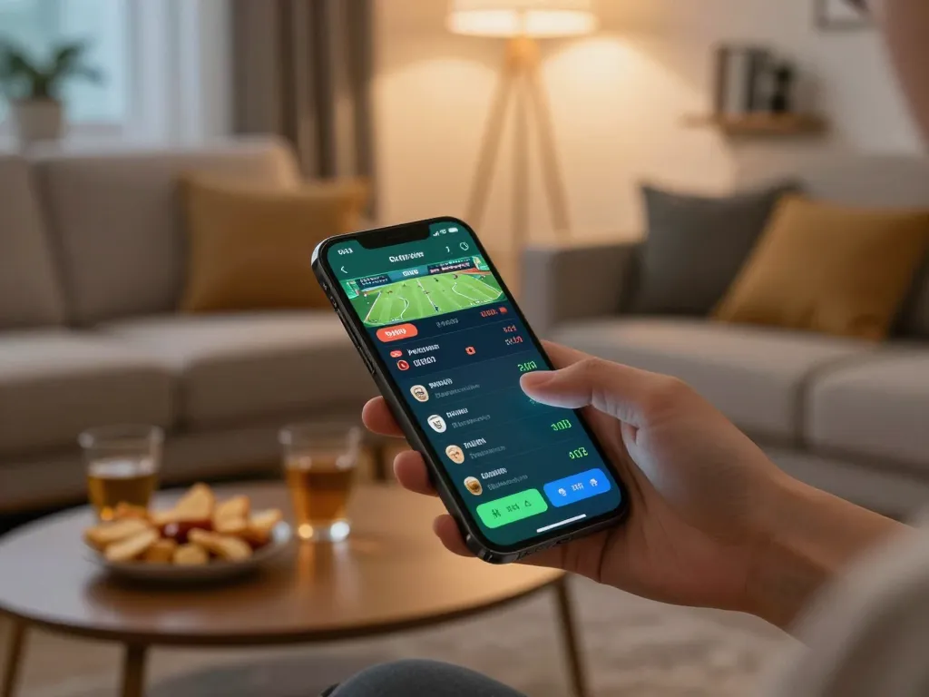 Engaging smartphone betting scene with uu88ae app showing live sports odds in cozy home environment