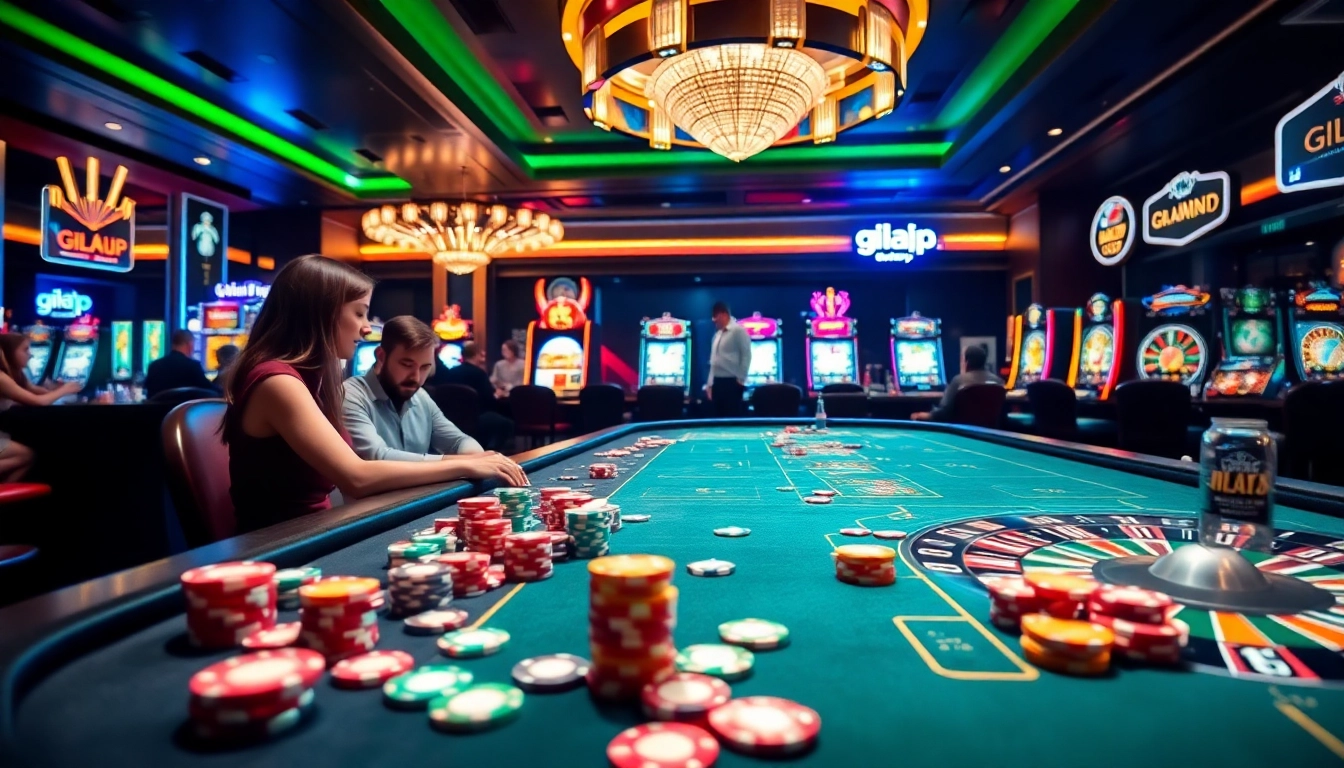 Experience the thrill of playing gilajp at an exciting casino table filled with vibrant poker chips and roulette wheels.