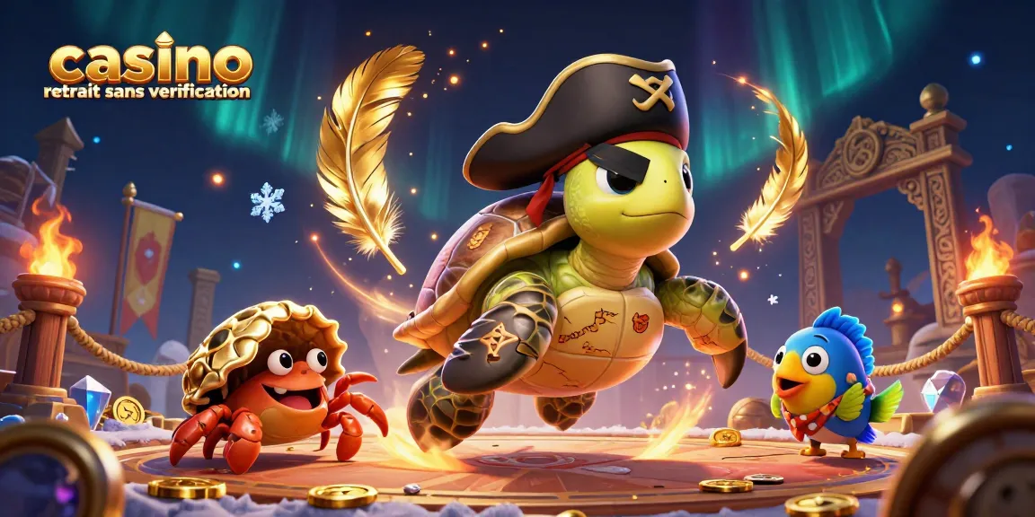 Une scène animée de casino retrait sans vérification, mettant en avant une tortue pirate et son trésor sous-marin.