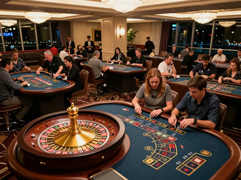 KJC casino patrons engaged at vibrant roulette tables showcasing elegant decor.