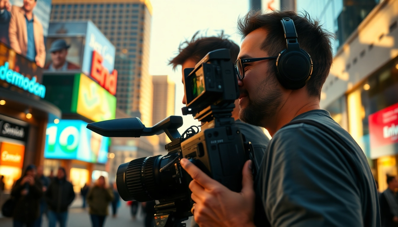 Engaging video production edmonton scene with a professional film crew in action amidst iconic landmarks.