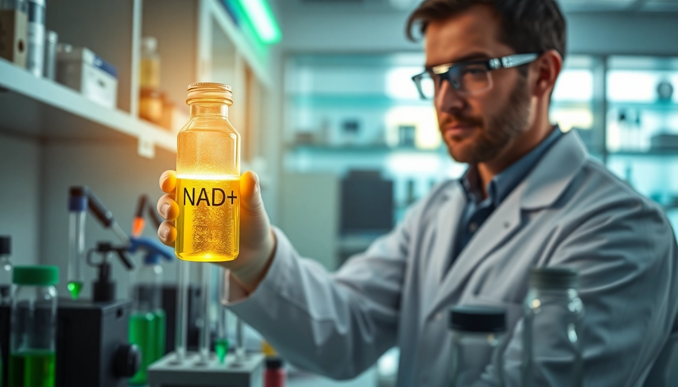 Explore the benefits of NAD+ highlighted by a prominent glowing vial in a modern lab.