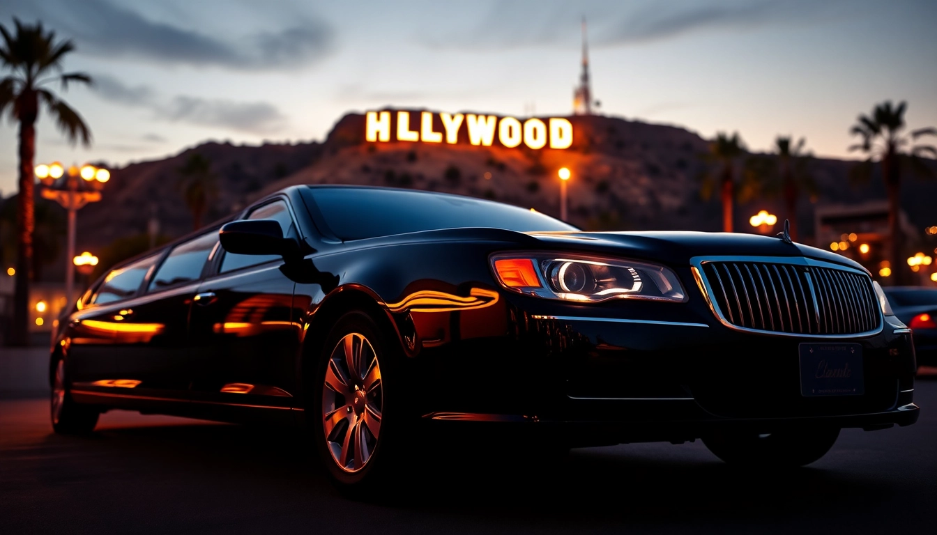 Experience luxury with Hollywood's finest LA Limo service, featuring a black stretch limousine under a sunset sky.