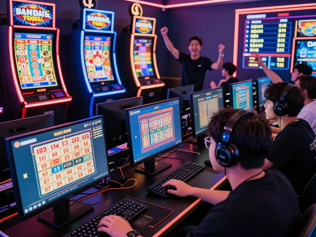 Engaged players celebrating wins on BANTAITOGEL's online lottery platform featuring dynamic graphics.