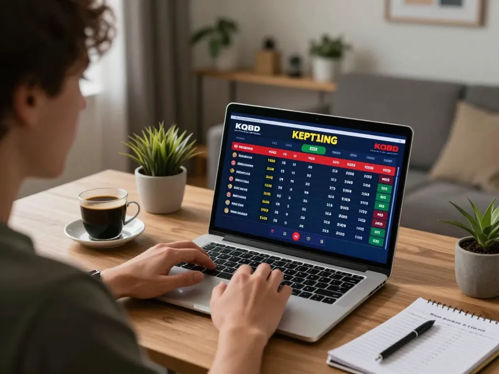 Person evaluating KQBD match data on laptop during immersive sports betting session.