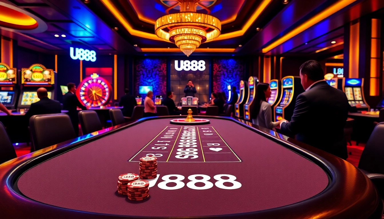 Experience thrilling games at U888 with stylish poker tables and vibrant slot machines.