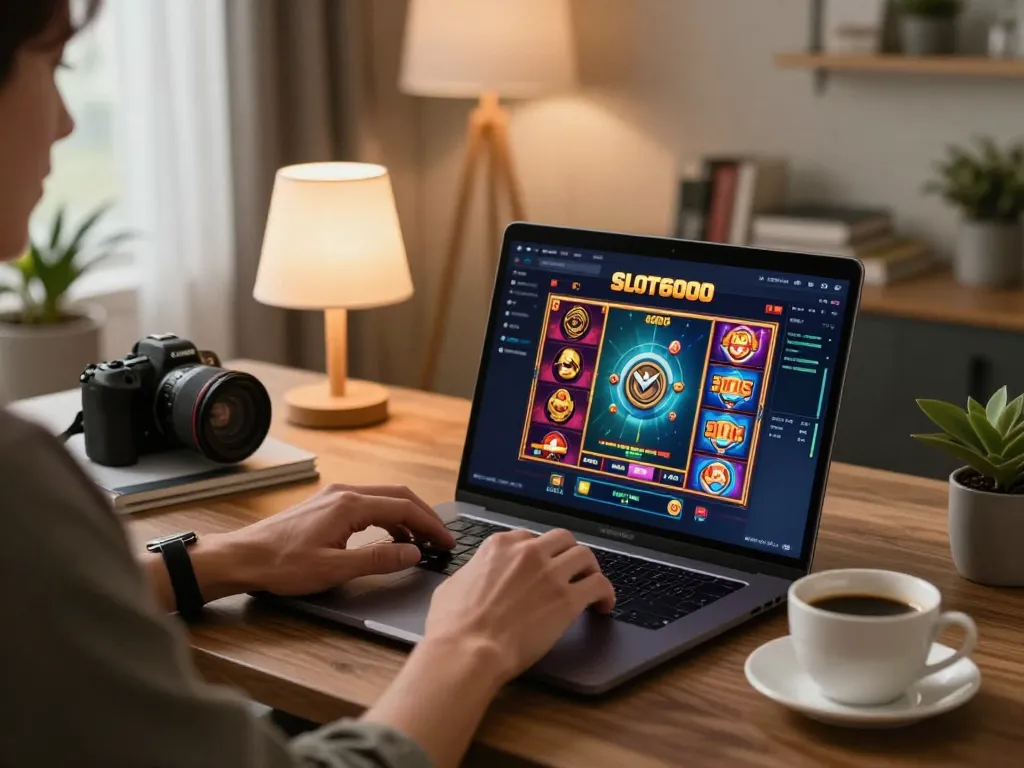 SLOT6000 online gaming in a modern home office setting with vibrant slot graphics and warm lighting