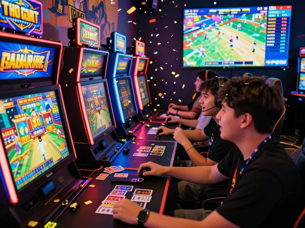 Exciting gaming atmosphere at POPOTOGEL: Situs Toto Slot Gacor Depo 10k Via Qris & Slot777 Gampang Menang Hari Ini 2026 with celebrating players.