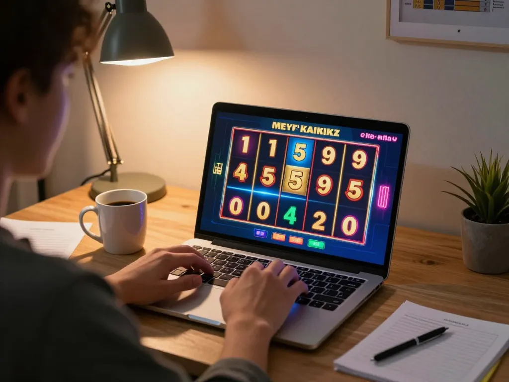 Engaging in online slot games at https://n188.build/, displaying colorful reels and strategic notes.