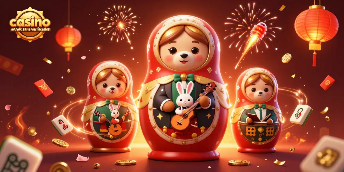 Profitez du casino retrait sans vérification avec des ours matryoshkas joueurs et des décorations festives.