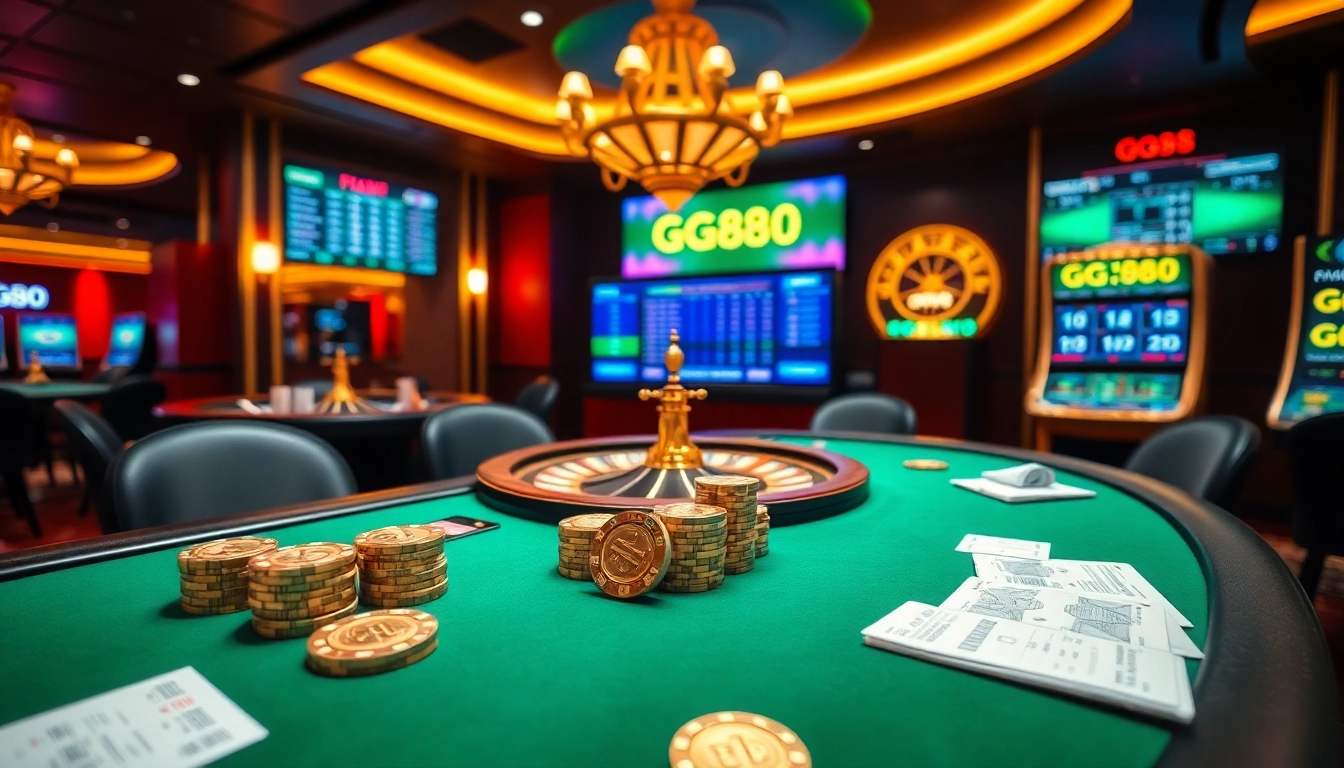 Experience the excitement of GG88 casino games with vibrant poker chips and roulette tables.