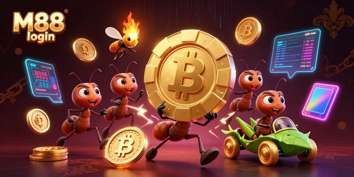 M88 login for an exciting 3D cartoon heist scene featuring ants, poker chips, and crypto coins.