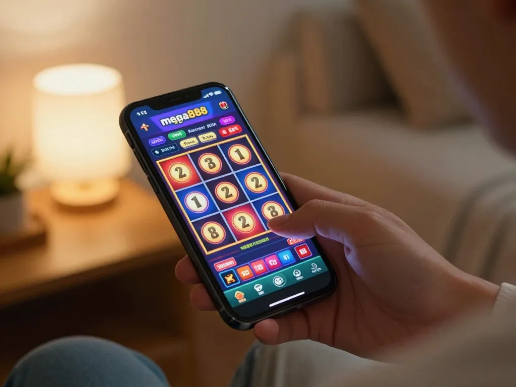 Mega888 apk terbaru dipaparkan pada telefon pintar, menonjolkan permainan kasino yang menarik dalam suasana rumah yang selesa.