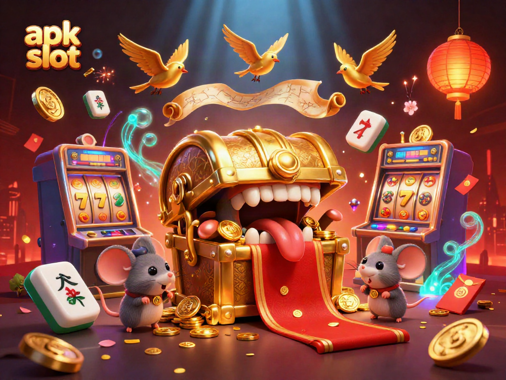 Engage with apk slot as a thrilling experience, filled with vibrant slot machines, golden coins, and adventurer mice.