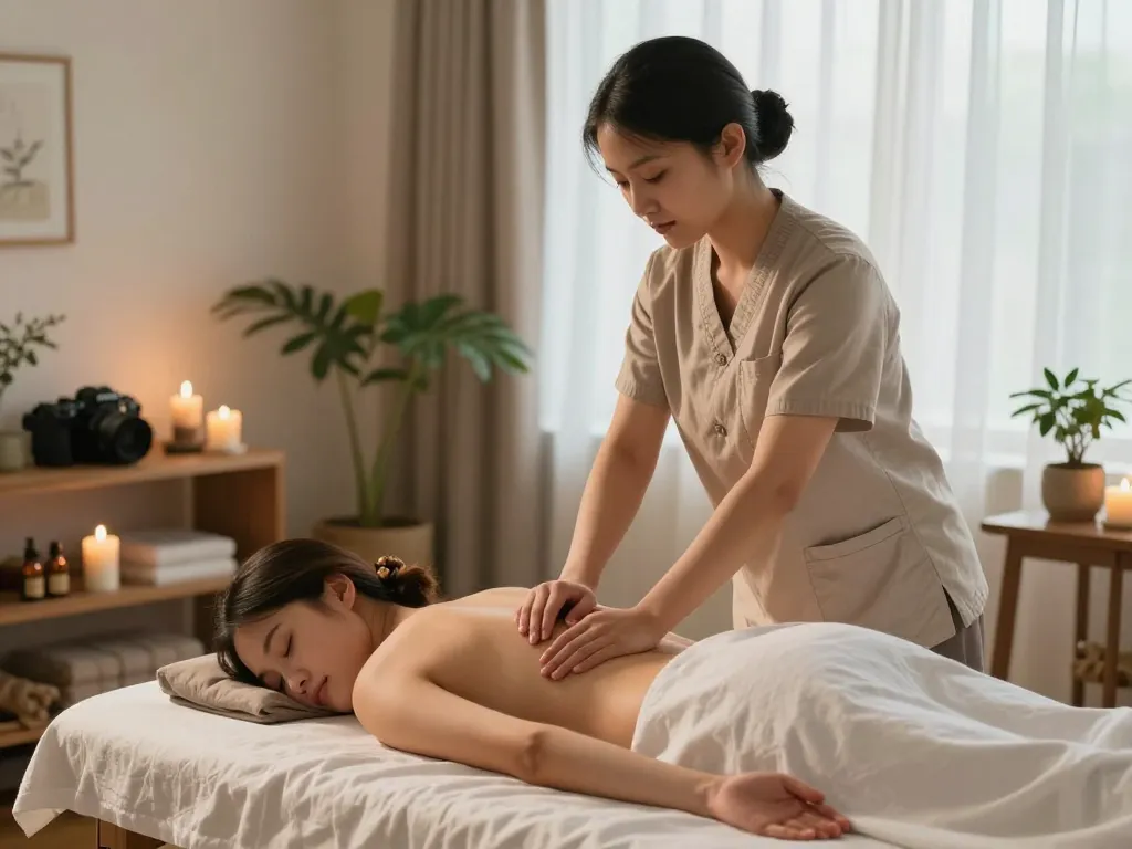 Relaxing Thai massage session at home with therapist from https://www.maxim-anma.net, creating a serene wellness atmosphere.
