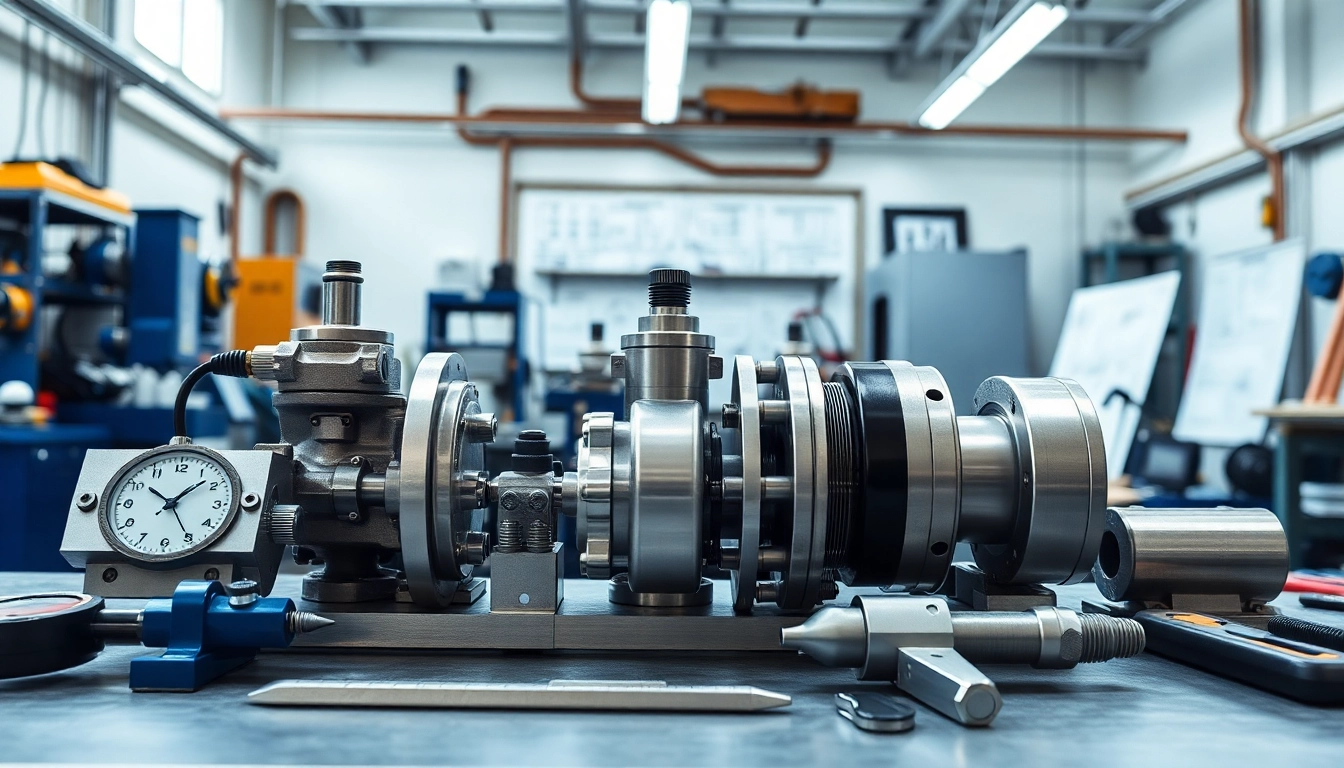 Custom hydraulic equipment displayed prominently against workshop backdrop, emphasizing precision work.