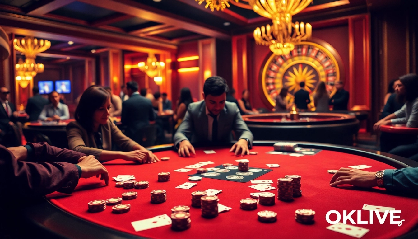 Experience the thrill of OKLIVE in a vibrant casino filled with poker tables and lively players.