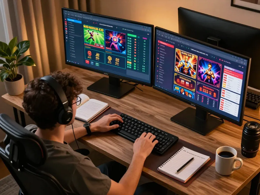Engaged player analyzing kèo nhà cái on multiple screens in a modern home office.