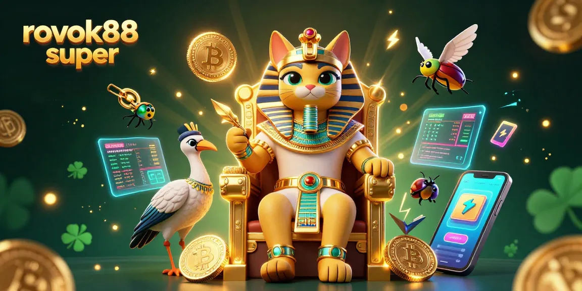 Experience thrilling gameplay with rokok88 super featuring a pharaoh cat amidst glowing cryptocurrency elements.