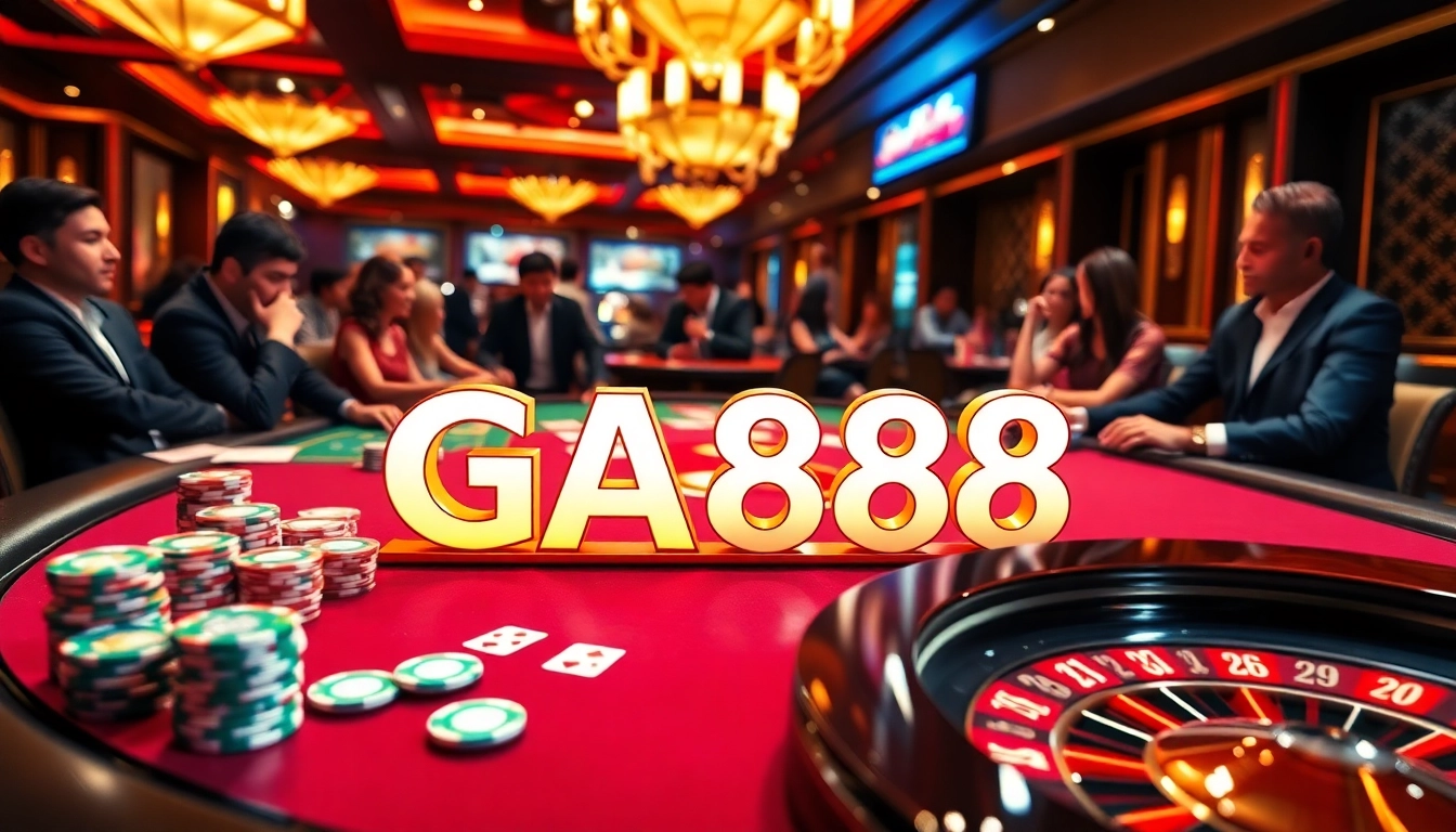 Players enjoying a thrilling game at GA888 casino with vibrant poker chips and cards.
