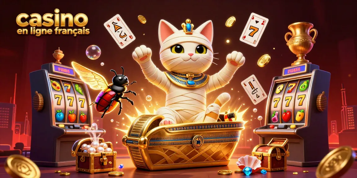 Illustration 3D de chat momie égyptien dans un casino, symboles de casino en ligne français.