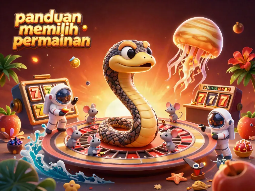 Gambar panduan memilih permainan dengan simbol slot, ikan, dan dealer kosmis menyatu dalam satu ilustrasi yang menarik.